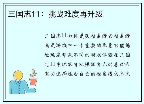 三国志11：挑战难度再升级